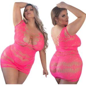 Lingerie Pink Multi-Fishnet Bodystocking Dress w/ Thong Killer Legs Plus Size